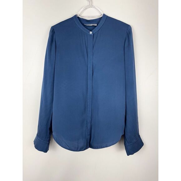 Vince Silk Crepe Hidden Buttons Minimalist Blouse Sz 8 Career Blue Office - Picture 1 of 6